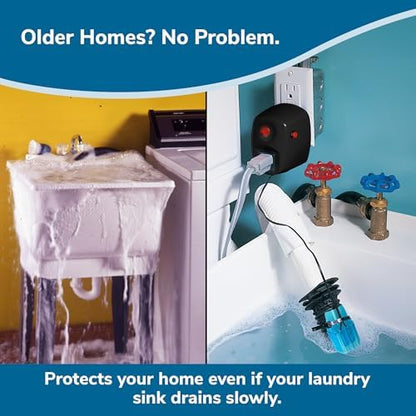WasherWatcher Laundry Tub Overflow Protector - Water Leak Shut Off Detectors w/ LED Indicator, Alarm, Water Sensor, & More - Easy to Install Washing Machine Leak Detector for Any Drain System