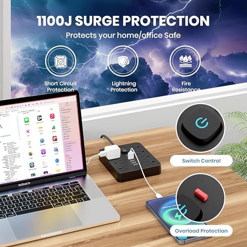JouleLoom Power Strip Surge Protector with 8 Outlets, 4 USB and 2 USB C Ports, 5 Ft Extension Cord, Flat Plug, Wall Mount, Overload Protection Desk USB Charging Station for Home, Office