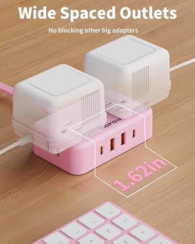 HOPOW Pink Extension Cord, 6 FT Flat Plug Power Strip, 4AC&2A2C, 1625W/13A