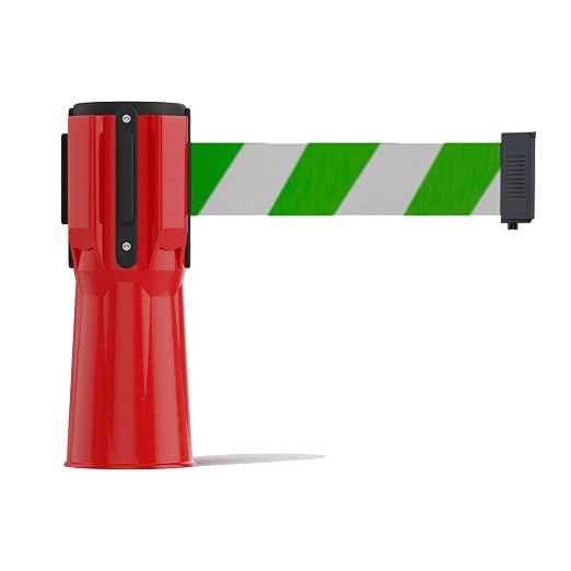 Trafford Industrial 11 ft Cone-Mounted Retractable Belt Barrier Red Case with Green and White Diagonal Belt