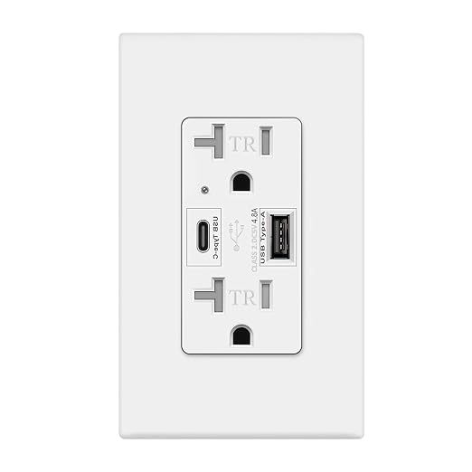 Micmi USB Outlet with C + A Wall Dual High Speed Receptacle Smart 4.8A Fast Charging Capability, 20Amp 125Volt, Tamper Resistant Wall Plate Included UL Listed (1Pack, White, 20 Amp Outlet)