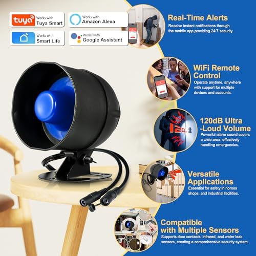 WiFi Security Alarm System Kit-Wireless 120db Loud Weatherproof Siren Horn with Remote Control& Door Contact Sensor&Motion Sensor Alarm Home Hotel Garage Shop Burglar Alarm System