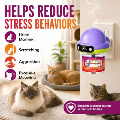 Petstoral Cat Calming Pheromone Diffuser with 3 Refills, Smart Cat Calming Diffuser with 4/8/12/24-Hour Timer, Daily Auto-On, Helps Reduce Anxiety, Spraying & Scratching