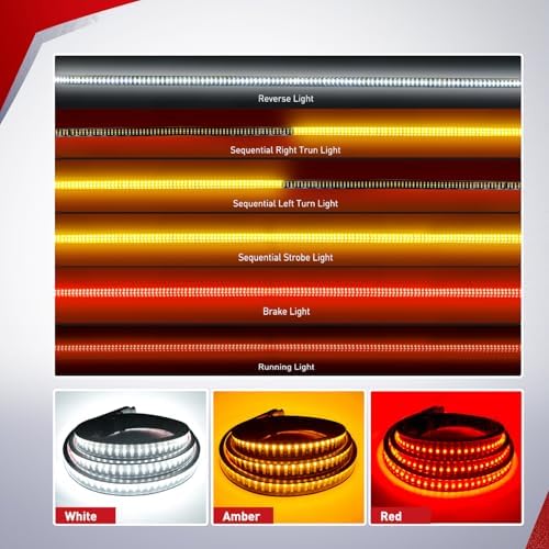 Nilight TR-04 Truck Tailgate Bar 60" Triple Row 504 LED Strip with Red Brake White Reverse Sequential Amber Turning Signals Strobe Lights，2 Years Warranty