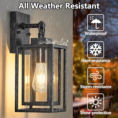 14 in Outdoor Wall Sconces Lanterns,Double Cage Square Black Outdoor Light Fixture,Waterproof Exterior Light Fixtures,Outside Lights for House Garage,Front Porch,Patio,Foyer,E26 Base,2 Packs