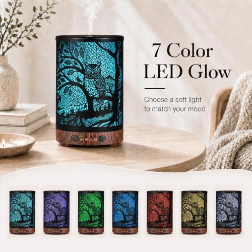Essential Oil Diffuser, 120 ml Aromatherapy Diffuser with 7 Color Lights, Auto Shut-Off and 4 Timer Settings, Ultrasonic Cool Mist Diffuser for Home Room Office (Woodland Owl)