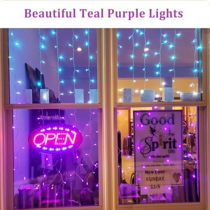 CoziTech Curtain Lights for Bedroom Waterfall Led Light String PurpleTeal Ombre Hanging Fairy Mermaid Lights for Kids Teen Room Decor Window Ocean Sea Kawaii Decor Girls Gift (Turquoise & Purple)