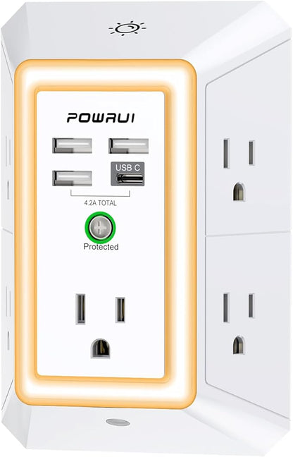 3-Sided Outlet Extender with Night Light - POWRUI Multi Plug Outlet with 5 Outlets and 4 USB Ports(1 USB-C), USB Wall Charger for Home, Office, Travel, ETL Listed, White