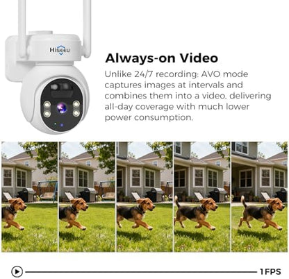 Hiseeu 4G LTE Cellular Security Camera Solar Powered, No WiFi Security Camera Wireless Outdoor, 24/7, PIR Motion, 2 Way Talk, 360° PT, 2K Color Night Vision, 64G SD & SIM Card Included
