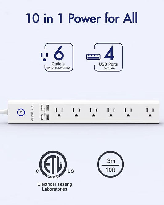 Power Strip 10Ft - Surge Protector with USB, AUOPLUS 6 Outlet and 4 USB Charger, 10Ft Long Extension Cord Flat Plug(1250W/10A/2100J), Wall Mountable Overload Protection for Computer Home Office Dorm