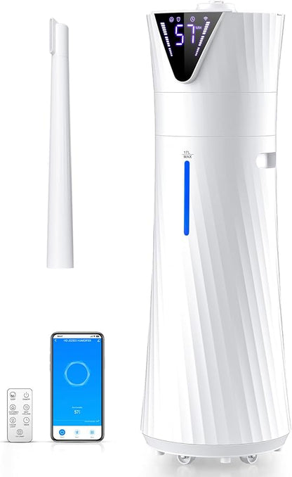 17L Humidifiers for Bedroom Large Room – Ultra Quiet (35dB), 56H Runtime, Smart App & Remote, Auto Humidistat, Top Fill Cool Mist Humidifier, Aroma Diffuser, Auto Shut-Off – Whole House