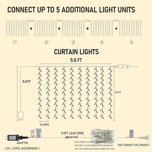 Dazzle Bright 300 LED Curtain Lights, Plug in Fairy Curtain Lights for Bedroom, Christmas Hanging String Lights Outdoor for Window Backdrop Wall Wedding Patio Indoor Dorm Party Decor, Warm White