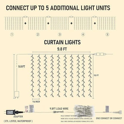Dazzle Bright 300 LED Curtain Lights, Plug in Fairy Curtain Lights for Bedroom, Christmas Hanging String Lights Outdoor for Window Backdrop Wall Wedding Patio Indoor Dorm Party Decor, Warm White