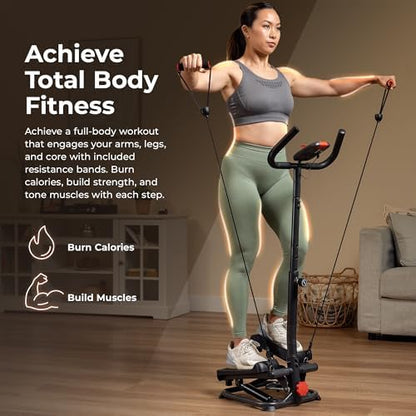 Sunny Health & Fitness Smart Stair Stepper w/Handlebar & Resistance Bands | 330 lb Capacity, Adjustable Handlebar & Step Height, Stair Climber, Device Holder, Hydraulic Resistance, SunnyFit App