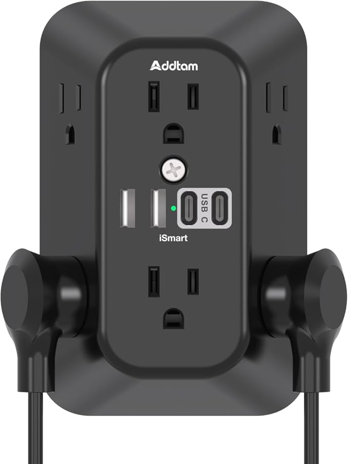 Addtam 6-Outlet Extender Surge Protector, Multi Plug Wall Outlet with 4 USB Wall Charger(2 USB C Ports), Plug Extension Outlet with 1800J, Outlet Splitter Power Strip for Home Office, Black