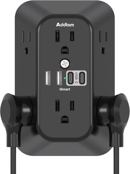 Addtam 6-Outlet Extender Surge Protector, Multi Plug Wall Outlet with 4 USB Wall Charger(2 USB C Ports), Plug Extension Outlet with 1800J, Outlet Splitter Power Strip for Home Office, Black