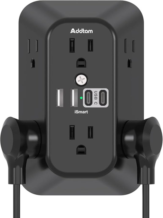 Addtam 6-Outlet Extender Surge Protector, Multi Plug Wall Outlet with 4 USB Wall Charger(2 USB C Ports), Plug Extension Outlet with 1800J, Outlet Splitter Power Strip for Home Office, Black
