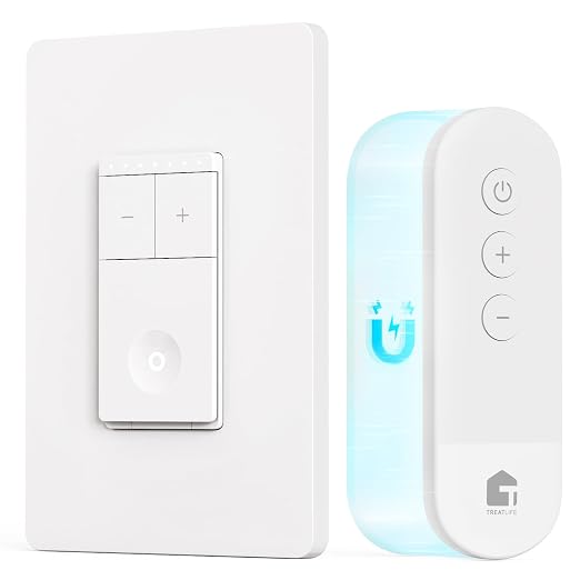 TREATLIFE Dimmer Switch with Magnetic Remote, Wireless Light Switch, Single Pole Dimmer Light Switch, Neutral Wire Required, Works with Dimmable LED/CFL/INC, 400W Max