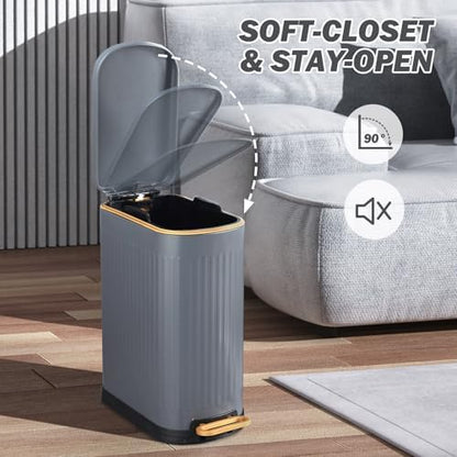 SYNCVIBE Slim Bathroom Trash Can with Soft Close Lid, 3.5 Gal, Matt Grey