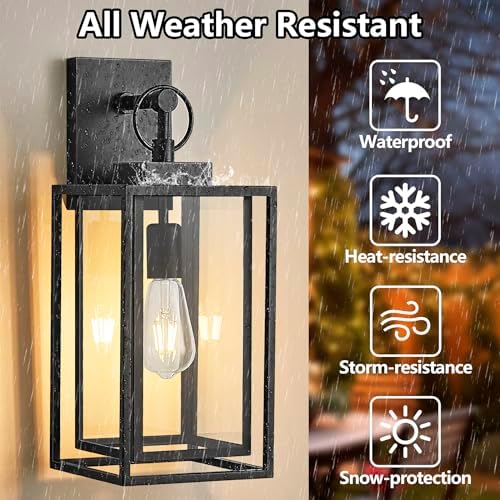 18 in Large Outdoor Wall Light,Double-Frame Satin Black Exterior Light Fixtures Wall Mount with Clear Tempered Glass Waterproof Outdoor Wall Sconces Lanterns for Porch,Garage,E26 Base,1 Pack