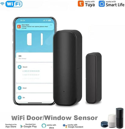 WiFi Door Sensor,Smart Door Open/Closed Detectors,2.4G WiFi Door Sensor, Tuya/Smart Life Contact Sensors for Home Security & Smart Home Automation, Compatible with Alexa Google Assistant (Black)