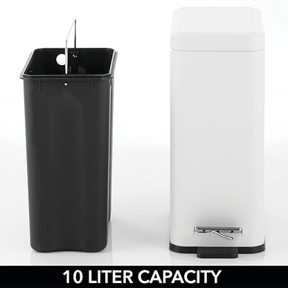 mDesign Pedal Bin — Waste Bin with Pedal, Lid and Plastic Bucket Insert for Bathroom, Kitchen, and Office — Metal Household Rubbish Bin with Ergonomic Design — White