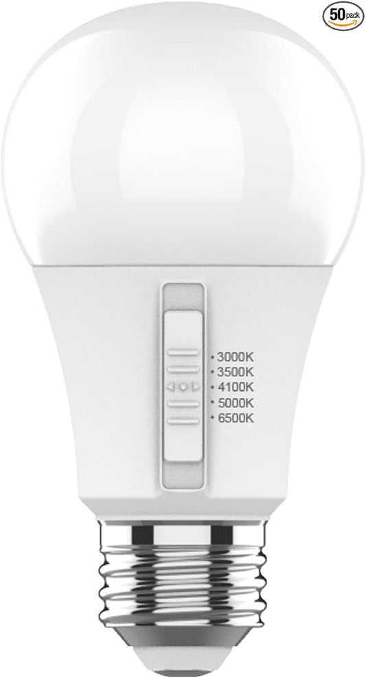 Goodlite A19 LED Bulb, 5 Color Selectable 3000K-3500K-4100K-5000K-6500K, 800 Lumens, 9W (60W Equivalent), High CRI, 5% Dimmable, UL Listed, Enclosed Fixtures & Damp Rated, 15,000 Hrs. 50pk (G-10881)