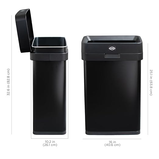 Clorox 13 Gallon Trash Can - 50L Slim Open Top Garbage Bin for Commercial Spaces, Kitchen, Office - Narrow Rectangular Black Stainless Steel Body with Hinged Rim Protection