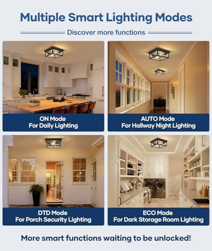 Motion Sensor Outdoor Ceiling Light with Remote, 12.2 Inch Black Flush Mount Porch Light Fixture with United Glass Cover, 5 Modes Outside Flush Mount Light for Porch, Garage, Patio, Entryway