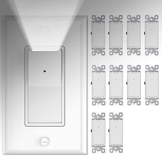 10 Pack SOZULAMP Light Switch with LED Night Light 15Amp 120/277Volt Rocker Single Pole Wall Switch, Automatic On/Off Sensor