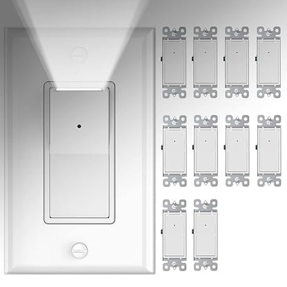 10 Pack SOZULAMP Light Switch with LED Night Light 15Amp 120/277Volt Rocker Single Pole Wall Switch, Automatic On/Off Sensor