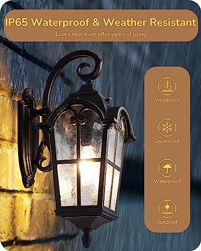 EDISHINE Dusk to Dawn Outdoor Wall Light, Roman Large Size Exterior Lantern Fixtures, E26 Base, Waterproof Porch Lights Wall Mount, Black Outside Wall Sconce, 2 Pack