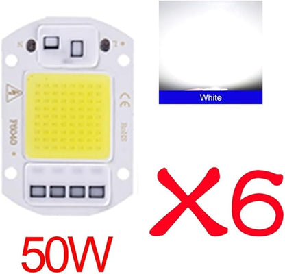 6PCS LED Chip AC 220V F6040 20W/30W/50W COB Lamp Bead Smart IC No Need Driver Outdoor Focus Spotlight Garden DIY Chip Lamp(6PCS 50W White)