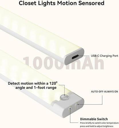 Under Cabinet Lighting Wireless, 3 Packs Rechargeable Motion Sensor Light Indoor Disassembled, 3 Color Temps Closet Light Stick on, 8 Inches Under Counter Lights for Kitchen, Wardrobe, Bedroom