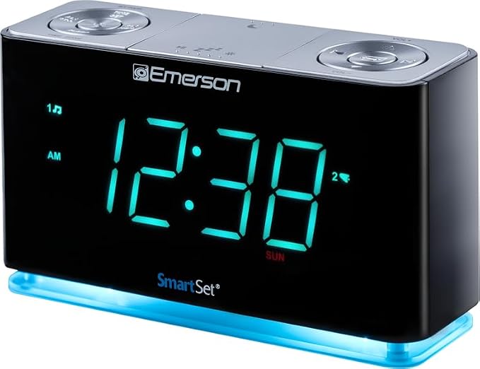 Emerson Smartset Alarm Clock Radio with Bluetooth Speaker with USB Port for iPhone/iPad/iPod/Android and Tablets, 1.4" Cyan LED Display and Night Light, ER100301