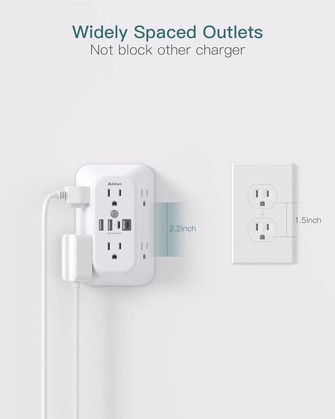 Addtam Surge Protector Outlet Extender, 6-Outlet Splitter with 4 USB Wall Charger(PD 20W), Multi Plug Wall Outlet 1800J Power Strip for Home Office Dorm Room Essentials, White