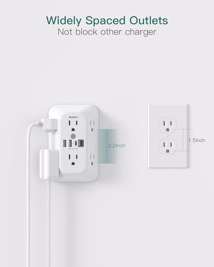Addtam Surge Protector Outlet Extender, 6-Outlet Splitter with 4 USB Wall Charger(PD 20W), Multi Plug Wall Outlet 1800J Power Strip for Home Office Dorm Room Essentials, White
