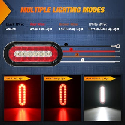 Nilight 6" Oval Trailer Tail Light 2PCS Red Brake Turn White Reverse Lights