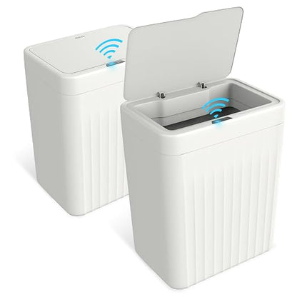 Naisu 4 Gal Bathroom Trash Can with Lid,Automatic Garbage Can with Touchless and Sealed Design,Slim Motion Sensor Waterproof Plastic Trash Bin Suitable for Bedrooms,Bathrooms,Kitchens（2 Pack, White）