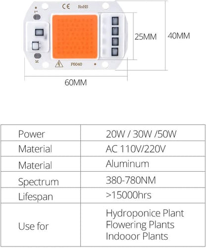 Fengyan Home Bulbs LED Grow Light Full Spectrum LED Phyto Lamp 10W 20W 30W 50W COB Fitolampy Smart IC LED Diode Matrix Growing Lamp Household Lamp (Emitting Color : Red, Wattage : 110V)