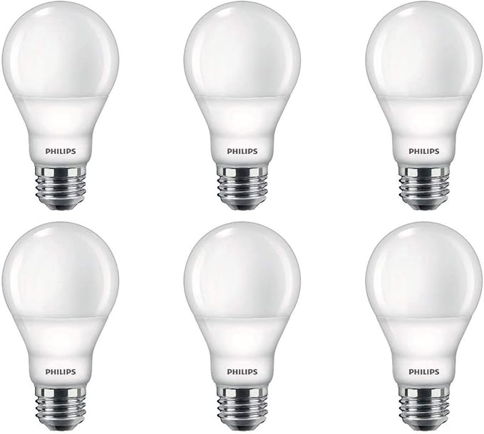 Philips LED Flicker-Free Frosted A19 Light Bulb, Dimmable Warm Glow Effect, 800 Lumen, 2700-2200K, 8.8W=60W, E26 Base, 6-Pack
