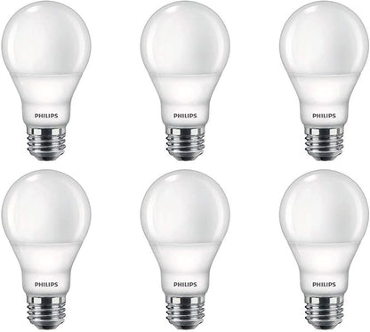 Philips LED Flicker-Free Frosted A19 Light Bulb, Dimmable Warm Glow Effect, 800 Lumen, 2700-2200K, 8.8W=60W, E26 Base, 6-Pack