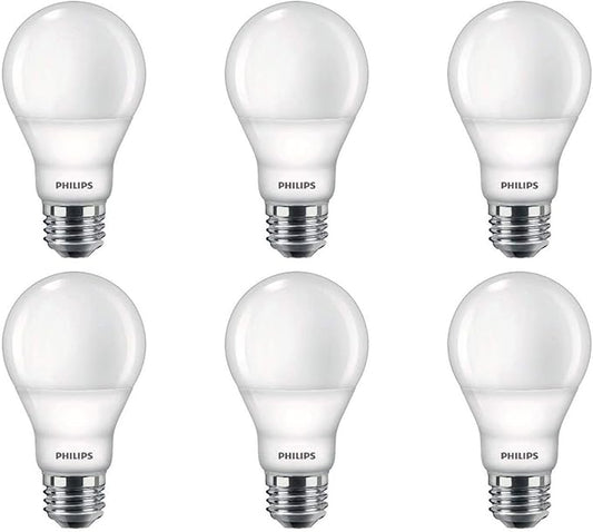 Philips LED Flicker-Free Frosted A19 Light Bulb, Dimmable Warm Glow Effect, 800 Lumen, 2700-2200K, 8.8W=60W, E26 Base, 6-Pack
