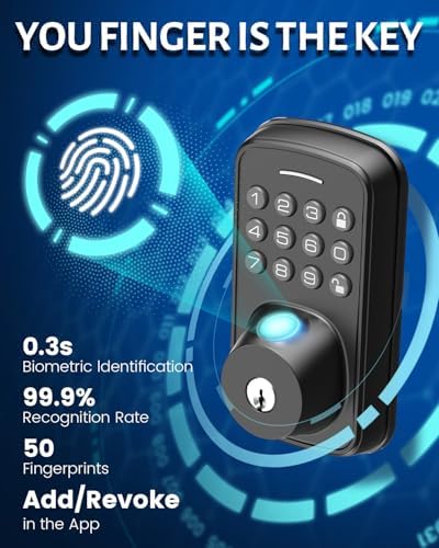 Keyless Entry Door Lock with Handle Set, Smart Door Lock with Fingerprint, 5 in 1 Unlock, Auto Lock Biometric Fingerprint Door Lock for Front Door, Easy Installation (Black)