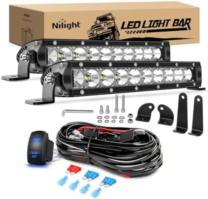 Nilight Led Light Bar 2Pcs 11 Inch 50W Super Slim Spot Flood Combo 5000LM 3D Driving Fog Off Road Lights Pods with Wiring Harness Kit-2 Lead for Trucks Pickup SUV ATV UTV Boat 4x4 Van Camper