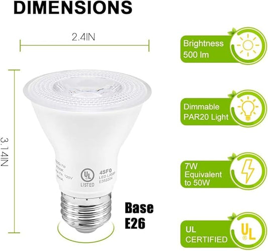 7W Par20 LED Bulb (50W Equivalent), UL Listed, 3000k Warm White Dimmable Flood Bulbs Lights, 500 Lumens, E26 Base, Recessed Lighting for Indoor Outdoor, 12 Pack