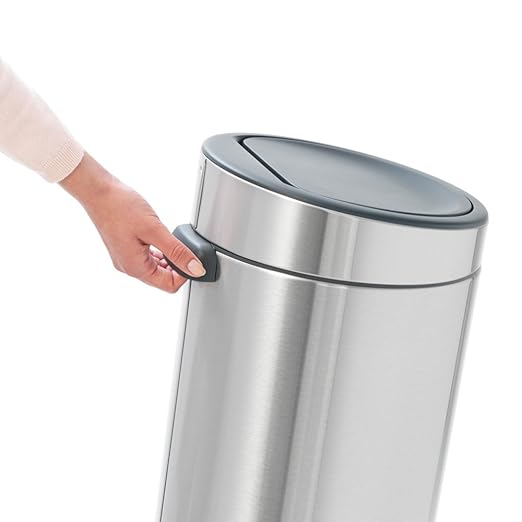 Brabantia Press-Top Kitchen Trash Can | Steel/Black | 8 Gallon / 30L | Home Trash Can with Soft-Touch Stay-Open Lid & Removable Inner Bucket | + Trash Bags