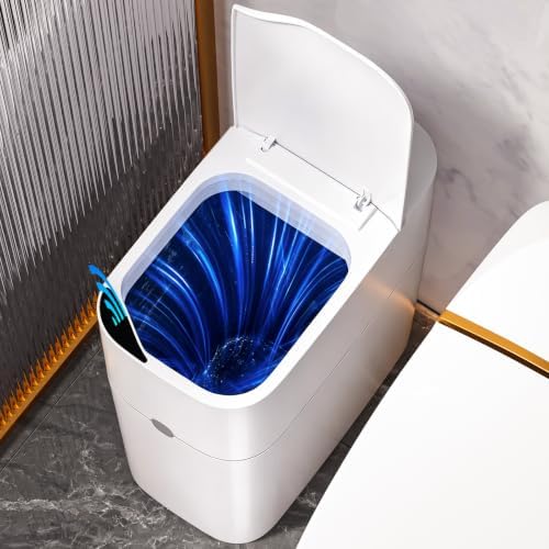 funest Bathroom Trash Can, Automatic Bagging Garbage Can, 3.5 Gallon Slim Smart Small Plastic Trash Bin, Narrow Motion Sensor Trash Can for Bedroom, Office White