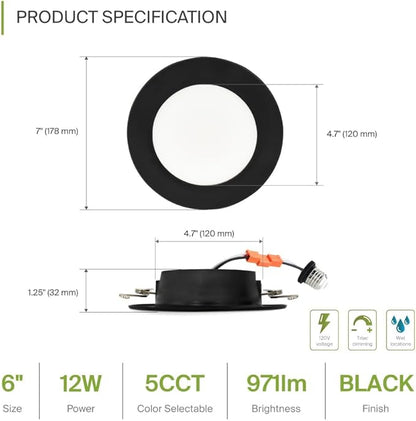 ASD 12 Pack Black Retrofit LED Recessed Lighting 6 Inch - 12W 2700K-5000K 971LM Flat Can Lights for Ceiling 6 Inch, Dimmable Black Recessed Lights, Wet Rated Wafer Lights, ETL