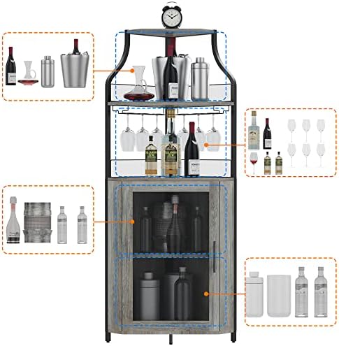 GAOMON Corner Bar Storage Cabinet, 5-Tier Farmhouse Liquor Cabinet with Glass Holder Wine Cabinet with Barn Door & Adjustable Shelf, Home Bar Storage for Home,Dining Room, Kitchen, Gray